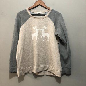 Maurices Long Sleeve Super Soft Two Tone Sweater w/ Deer Print Cream/Green large